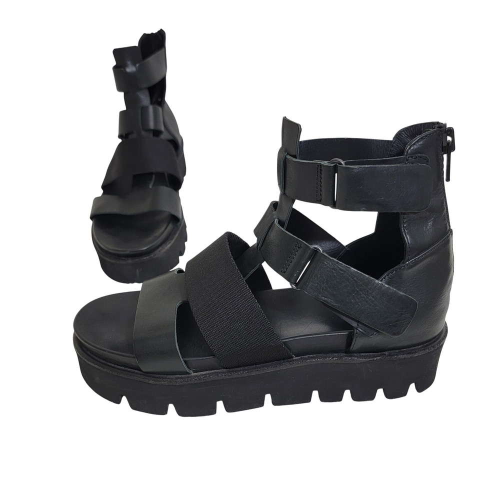 O.X.S. Black Leather Platform Gladiator Sandals Lug Sole Chunky Made in Italy 39